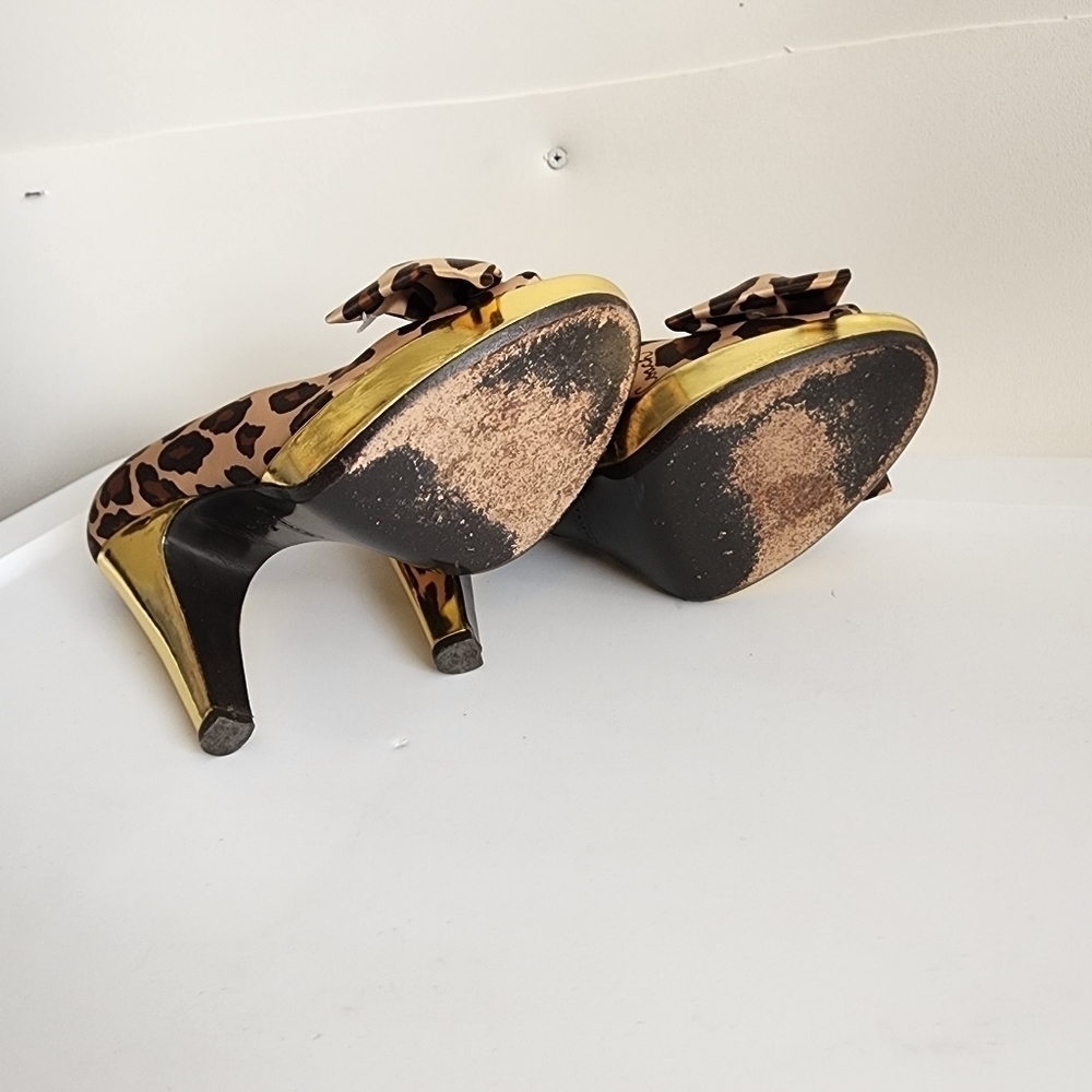Coach Leopard Print Satin Peep Toe Gold Heels        Size 6.5B - Picture 7 of 7